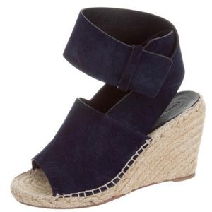 Celine Espadrille Suede Wrap Peep Toe Wedges